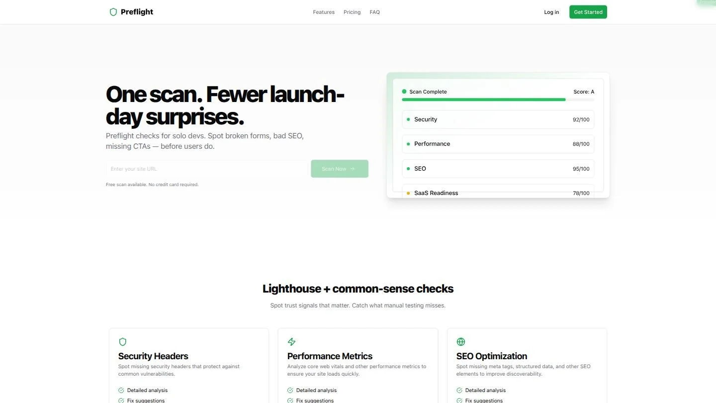 Preflight scan report preview showing security, performance, SEO and SaaS readiness scores